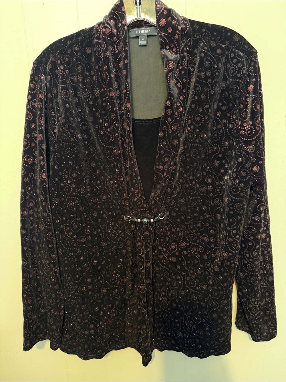 Elementz Black Velvet Open-Front Blouse with Pink Paisley Accents